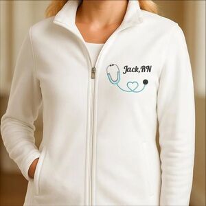 White Zip-Up Jacket with Stethoscope Design